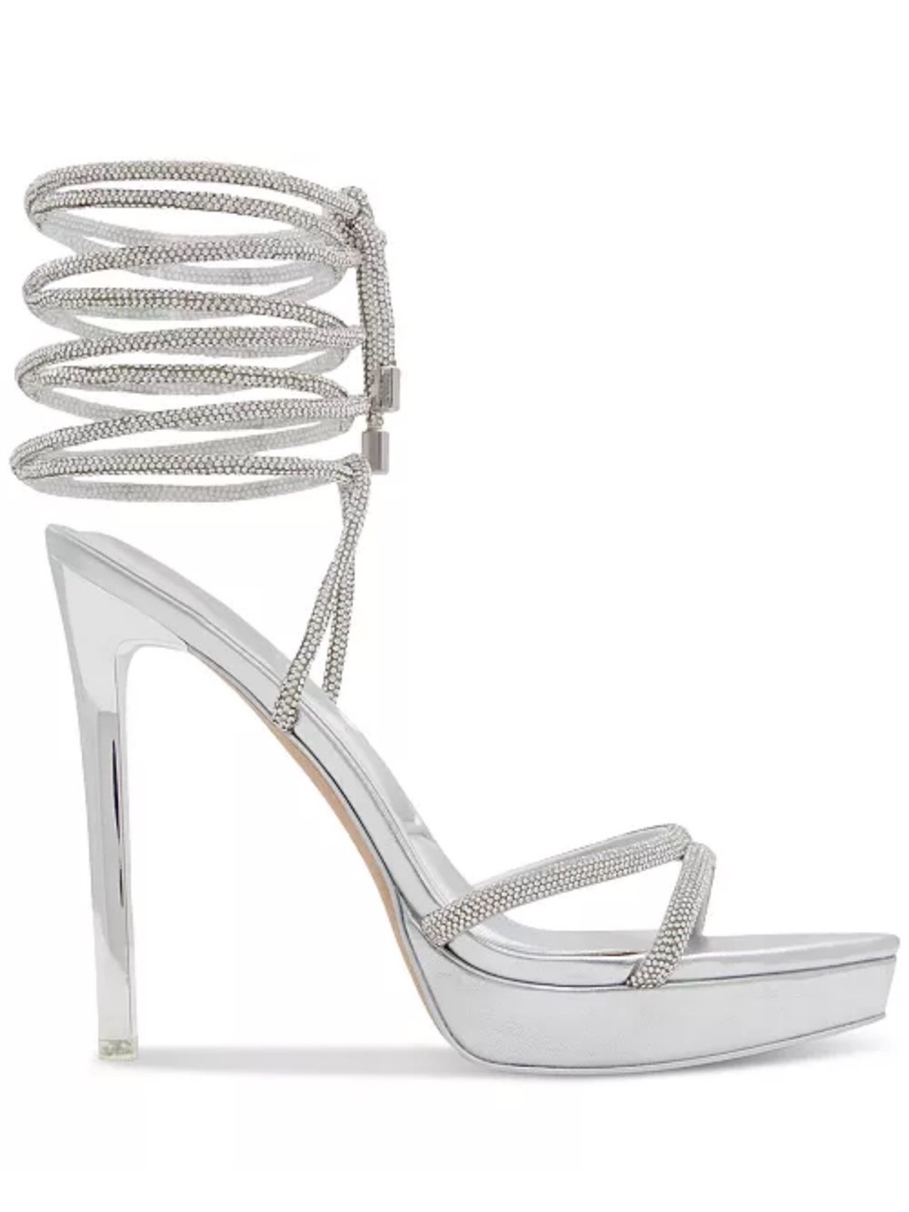 New ALDO Izabella Ghillie Ankle-Tie Dress Platform Heels Silver Stiletto Sandal - Picture 2 of 5